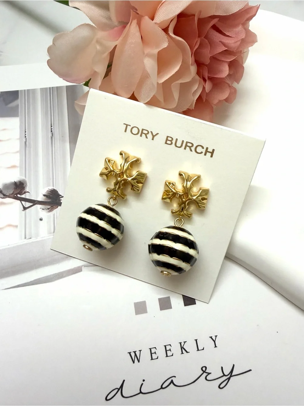 Tory Burch Gold Logo Drop Earrings with Black and White Striped Spheres